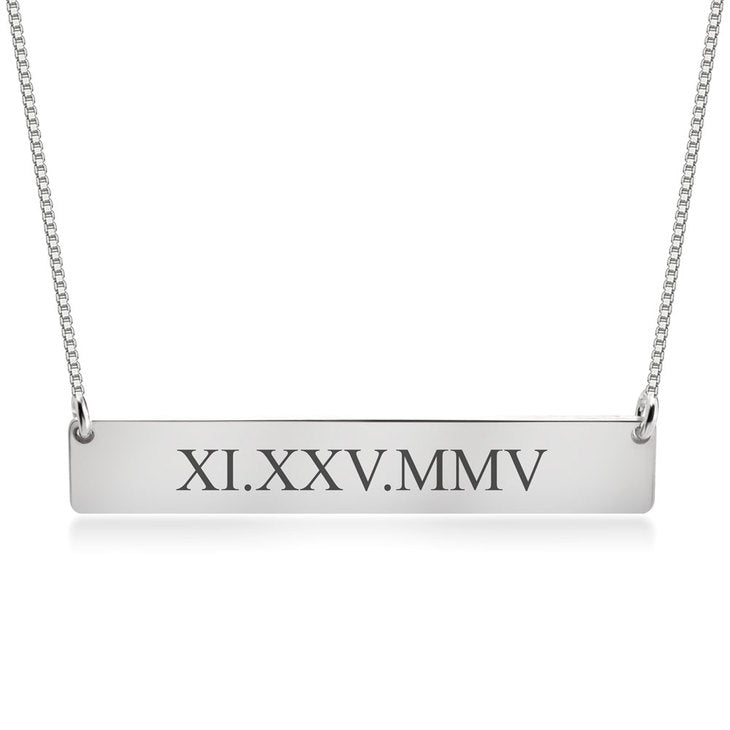 Engraved Roman Numeral Bar Necklace